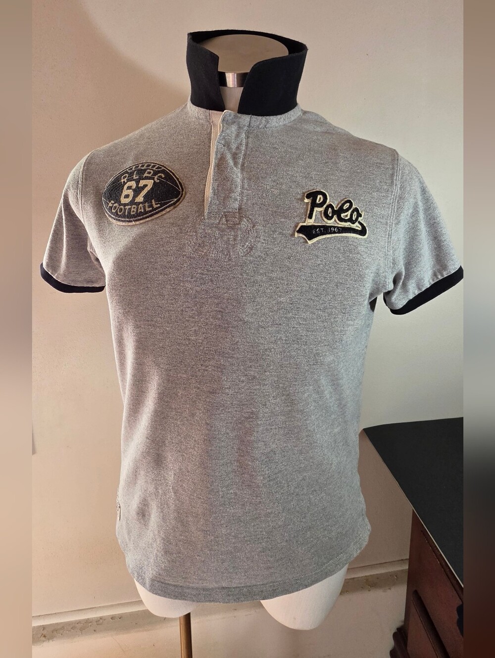 Polo by Ralph Lauren Gray Polo Shirt with Black Trim and Patches Vintage 90' S